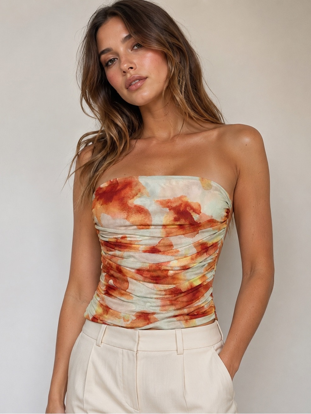 Milk & Honey Women’s Small Watercolor Floral Mesh Tube Top Ruched Strapless Y2K